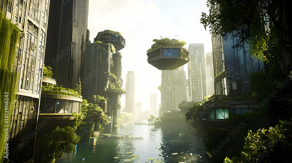 Poster pixelated post-apocalyptic cityscape with overgrown buildings and floating structures