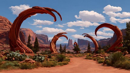 Fototapeta premium A surreal landscape featuring towering red rock formations under a blue sky with clouds.