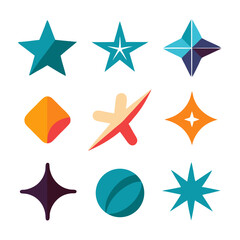 Obraz premium A vibrant collection of playful geometric star shapes and abstract designs in bold colors against a clean white background.