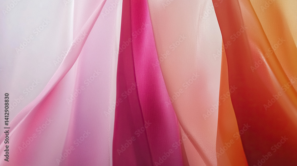 Aufkleber Abstract view of flowing lightweight fabrics displaying color gradient from light pink to vibrant orange