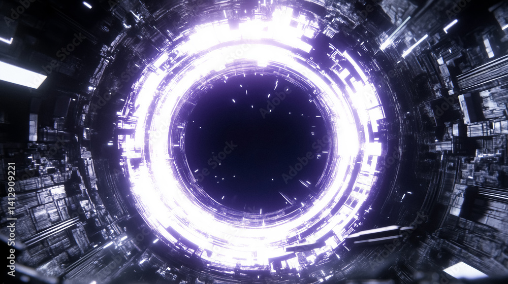 Poster mesmerizing view into futuristic glowing tunnel with deep dark center cosmic gateway
