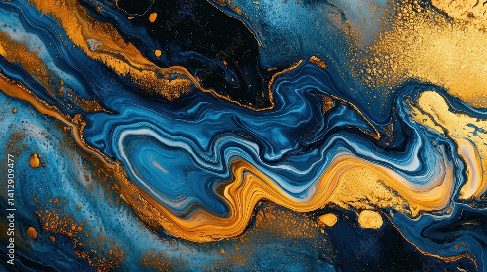 Aufkleber bold swirls of blue and gold intertwine on a dark canvas, creating a striking abstract design that e