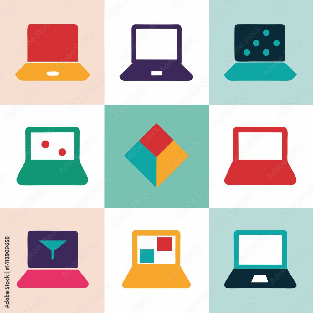 Aufkleber a vibrant collection of laptop icons showcasing diverse data visualizations and processes in a bold,