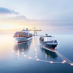 Fototapeta premium Two Cargo Ships Navigating in a Modern Port at Sunset with Colorful Containers and Crane Ready for Loading and Unloading