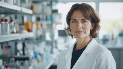 A middle-aged European woman in a lab coat stands confidently in a modern laboratory, showcasing professionalism and expertise in scientific research and analysis.