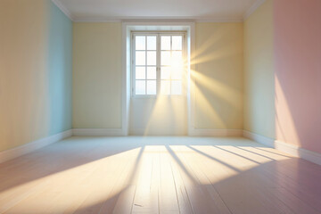 Obraz premium Bright sunlight streams through a window, casting a warm glow on an empty interior room space.