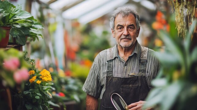 A portrait of an older European male gardener in a vibrant greenhouse surrounded by lush greenery and colorful flowers, showcasing a passion for horticulture. - Powered by Adobe