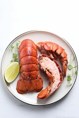 Delicious tails of boiled lobsters served on white table, top view