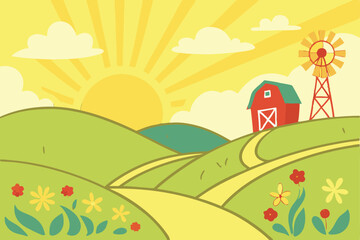 Fototapeta premium 30 Vibrant cartoon farm landscape, rolling green hills, bright yellow sky, radiant sun with sunbeams, fluffy white clouds, red windmills, red and blue barn, winding yellow path, colorful wildflowers, 
