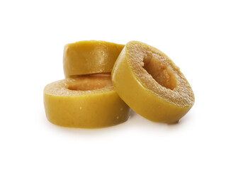 Slices of delicious marinated green olive isolated on white