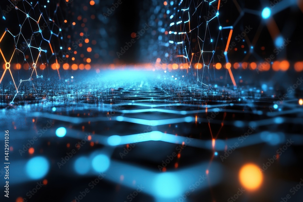 Poster intricate network of glowing nodes and connections forms a digital landscape
