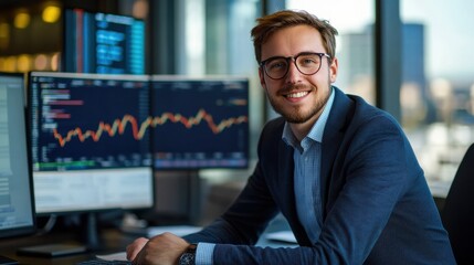 A young European male financial analyst smiles confidently at his desk, surrounded by multiple monitors displaying market data and charts, embodying the modern workplace.