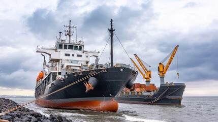 Cargo Ship Docked at Port with Cranes in Background Against Overcast Sky and Calm Water Surface