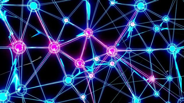 Abstract network of glowing blue and pink nodes and lines, viewed from a top-down angle, resembling a futuristic digital video interface. Live desktop wallpaper.