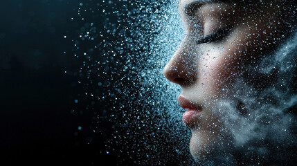 Ethereal woman with face dissolving into mist, serene expression