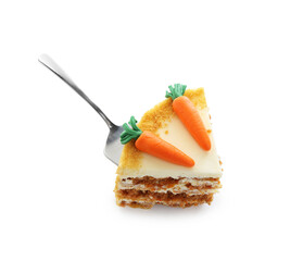 Piece of delicious homemade carrot cake and server isolated on white