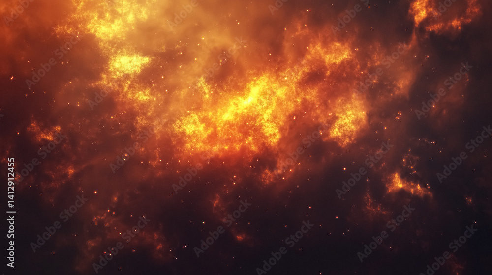 Poster abstract space background with glowing orange clouds and scattered starlight evocative of cosmic fir