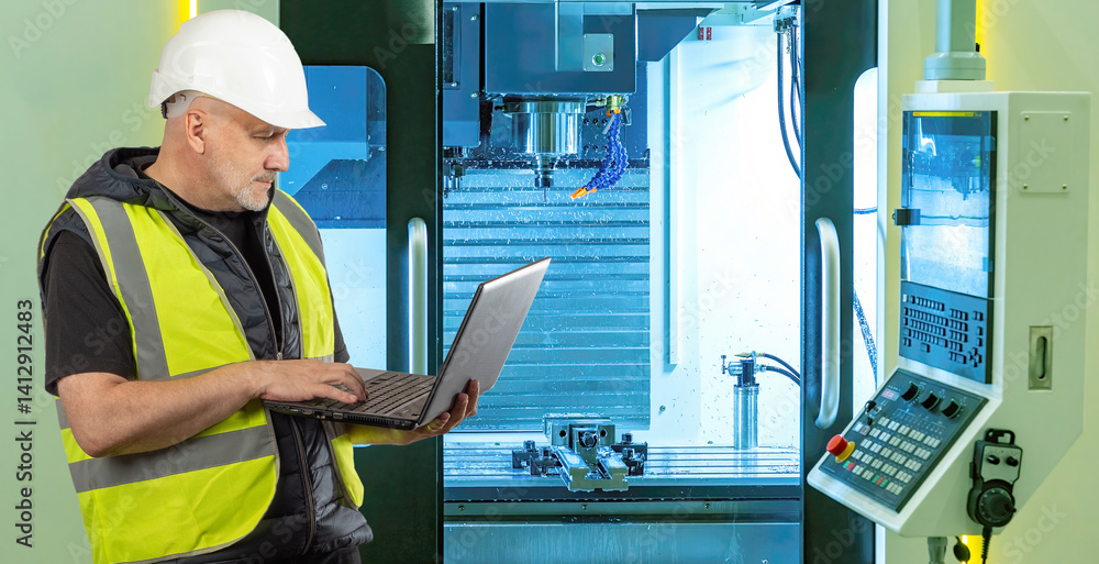 Poster engineer in a safety vest and helmet programs a cnc machine using a laptop in a high-tech industrial