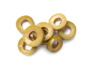 Marinated green olive rings isolated on white, top view
