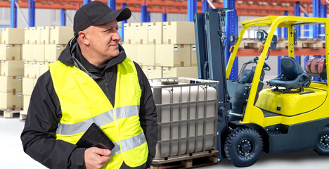 Warehouse worker in a safety vest stands near stacked boxes and a forklift, holding a tablet for...
