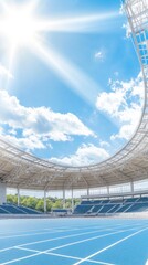 Fototapeta premium Bright Blue Sky Over Modern Stadium With Athletic Track Under Glorious Sunlight And Fluffy White Clouds Showcasing a Vibrant Sport Environment