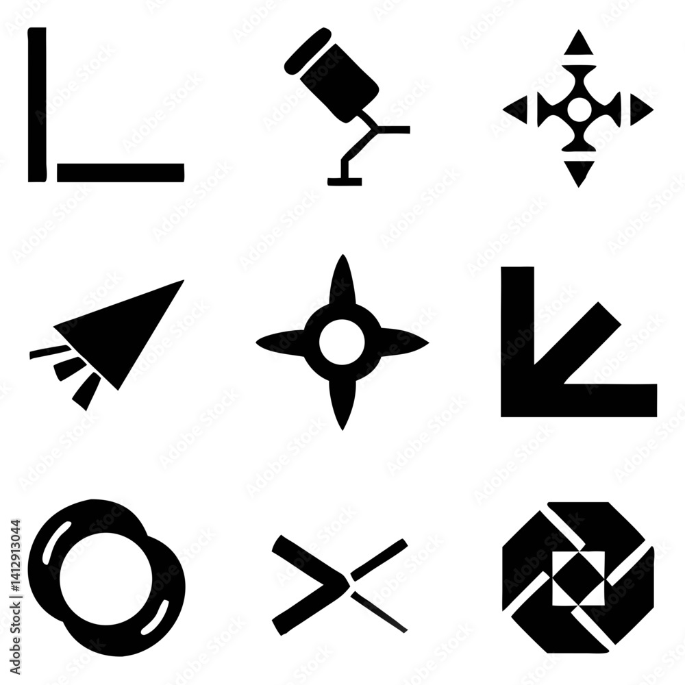 Poster a bold collection of directional and geometric icons showcasing strong lines and sharp angles in a m