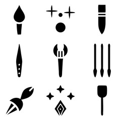 A bold collection of artistic tools celebrating creativity and craftsmanship with simple black silhouettes on a white background.