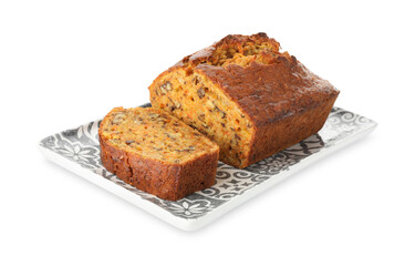 Cut homemade carrot cake with nuts isolated on white