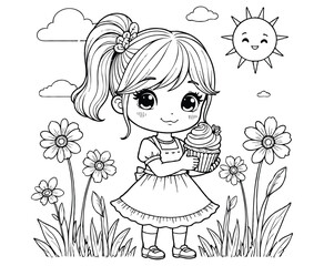 Sweet Girl with Cupcake in Garden Kawaii Kids Coloring Page