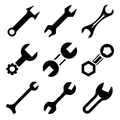 A collection of bold black wrench icons symbolizing repair, maintenance, and DIY projects on a stark white background.