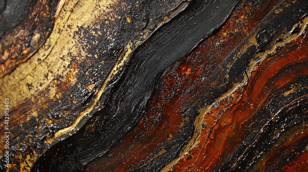 Poster intricate patterns of red, black, and gold flow dynamically across the surface, showcasing an abstra
