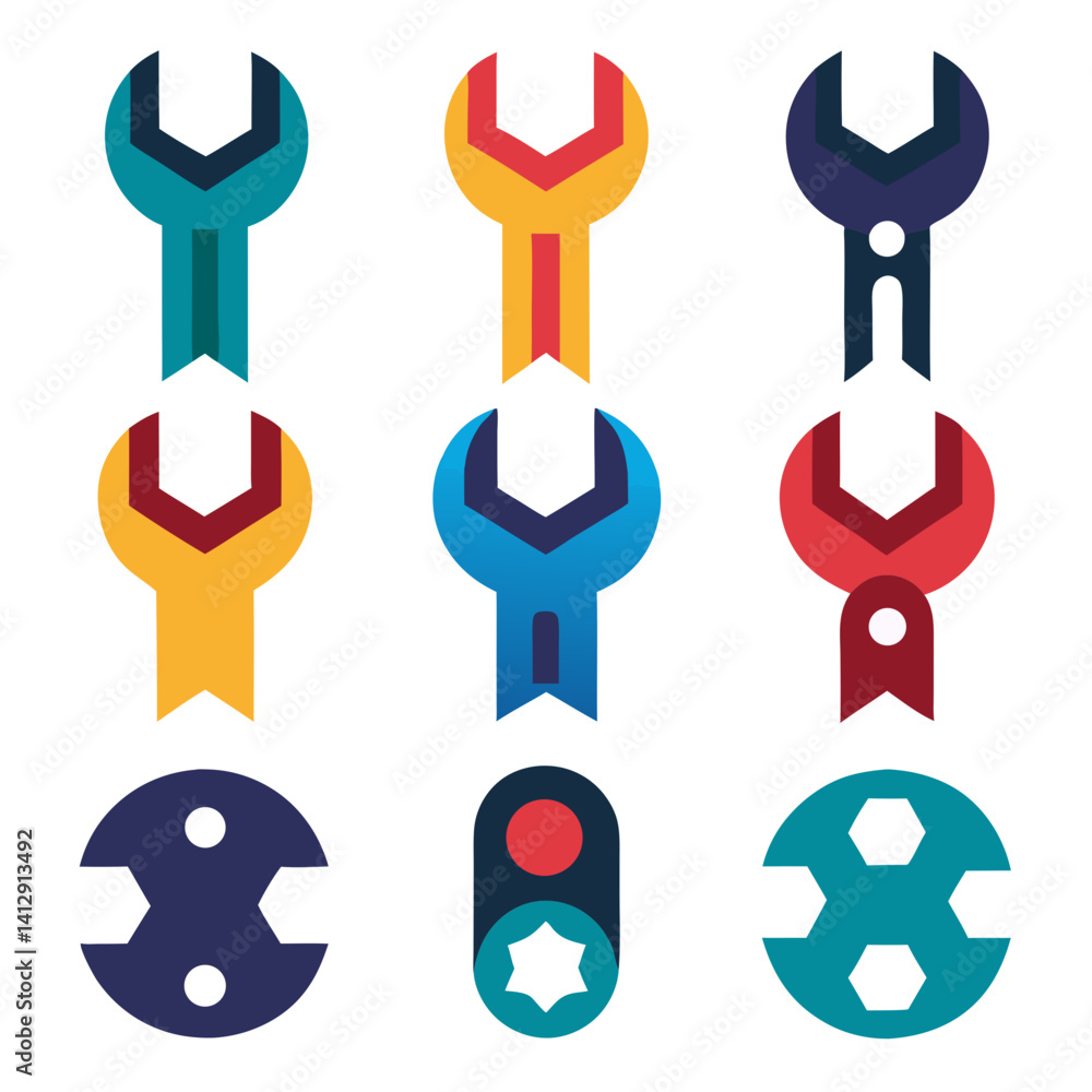 Poster a vibrant collection of colorful wrench and tool icons, designed with bold shapes and flat color pal