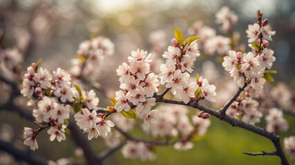 A close-up shot showcases delicate cherry blossoms in full bloom, a spring scene.