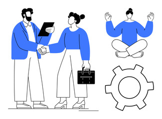 Two professionals shaking hands, person meditating, and gear symbol. Ideal for teamwork, collaboration, productivity, mindfulness, career growth, self-care and simple landing page