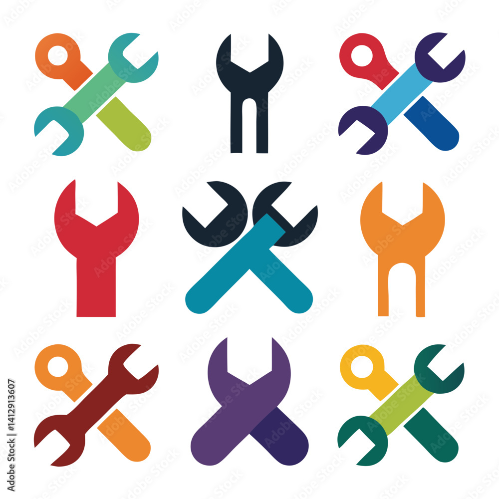 Poster a vibrant collection of colorful wrench icons representing diverse tools and solutions in a flat des