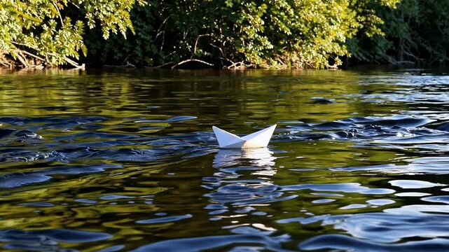 Small Paper Boat Floating Downstream Peacefully