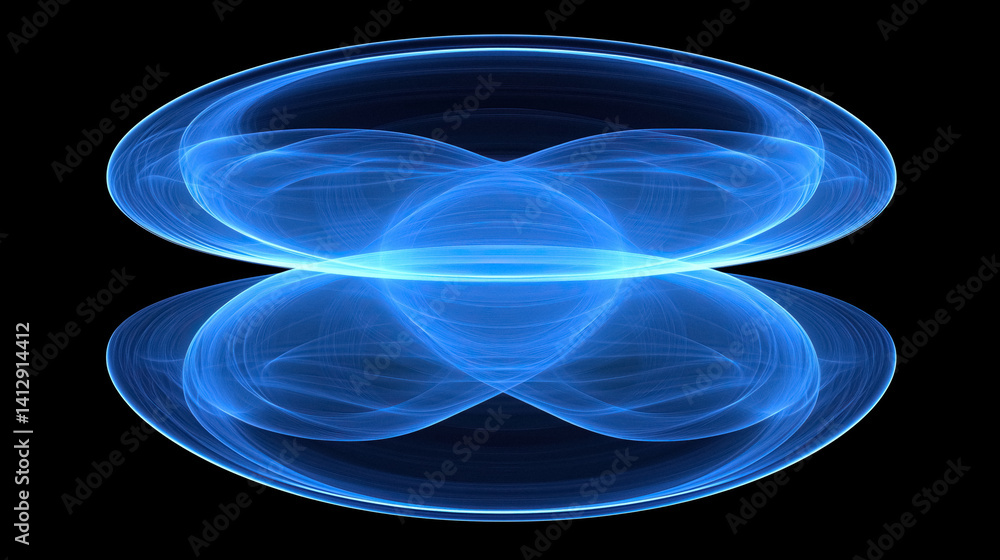 Poster Abstract blue light forms two ovals with intersecting curves on black background futuristic vibe