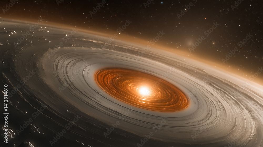 Poster space disk with swirling orange center and celestial backdrop suggestive of cosmic formation and ene