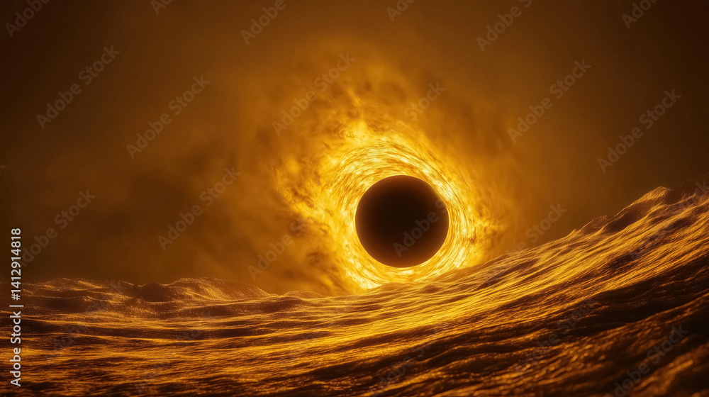 Poster black hole distorts space time with luminous accretion disk against undulating surreal landscape