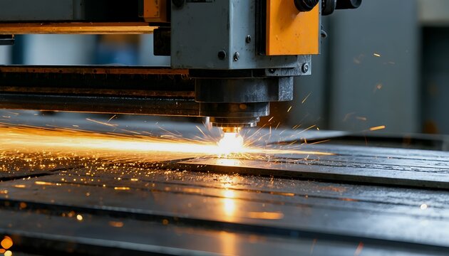 a close-up view of a metal cutting machine generating bright sparks as it precisely cuts through a steel sheet in an industrial setting.
