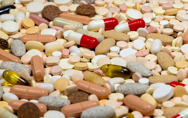 Close-up with various medications pills and capsules