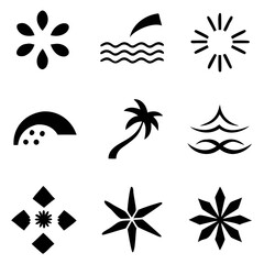 Obraz premium A vibrant collection of playful summer icons: sun, waves, palm tree, and abstract floral designs, rendered in bold black silhouettes against a stark white background.