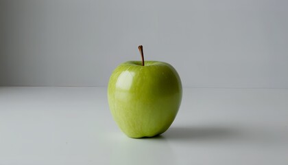 a single green apple sits centered on a pale surface against a seamless gray background.