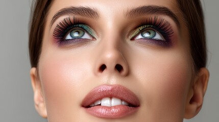 Fototapeta premium Portrait of a young Caucasian woman with vibrant eye makeup and glossy lips looking up.