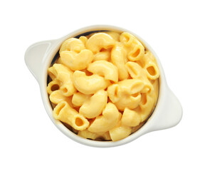 Delicious macaroni and cheese isolated on white, top view