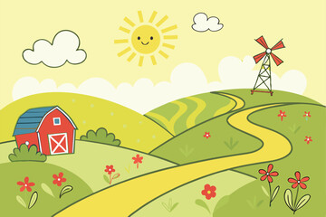 Fototapeta premium 30 Vibrant cartoon farm landscape, rolling green hills, bright yellow sky, radiant sun with sunbeams, fluffy white clouds, red windmills, red and blue barn, winding yellow path, colorful wildflowers, 