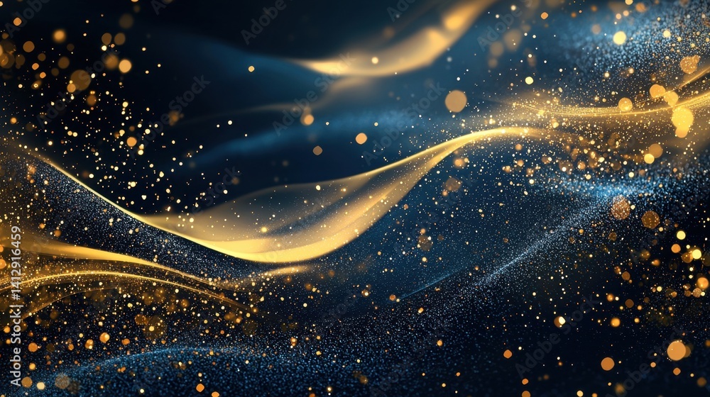 Aufkleber golden and dark blue abstract waves flow smoothly, accentuated by sparkling particles. the combinati