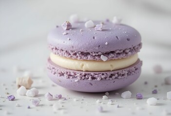 Close-up of lavender macaron with buttercream filling and delicate crumbs, minimal white background.
