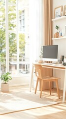 Bright and Airy Home Office Setup with Wooden Desk, Modern Monitor, and Cozy Decorations in a Sunlit Room with Green Plants