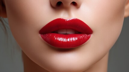 Obraz premium Close-up of a woman's lips with bold red lipstick, showcasing beauty and glamor.